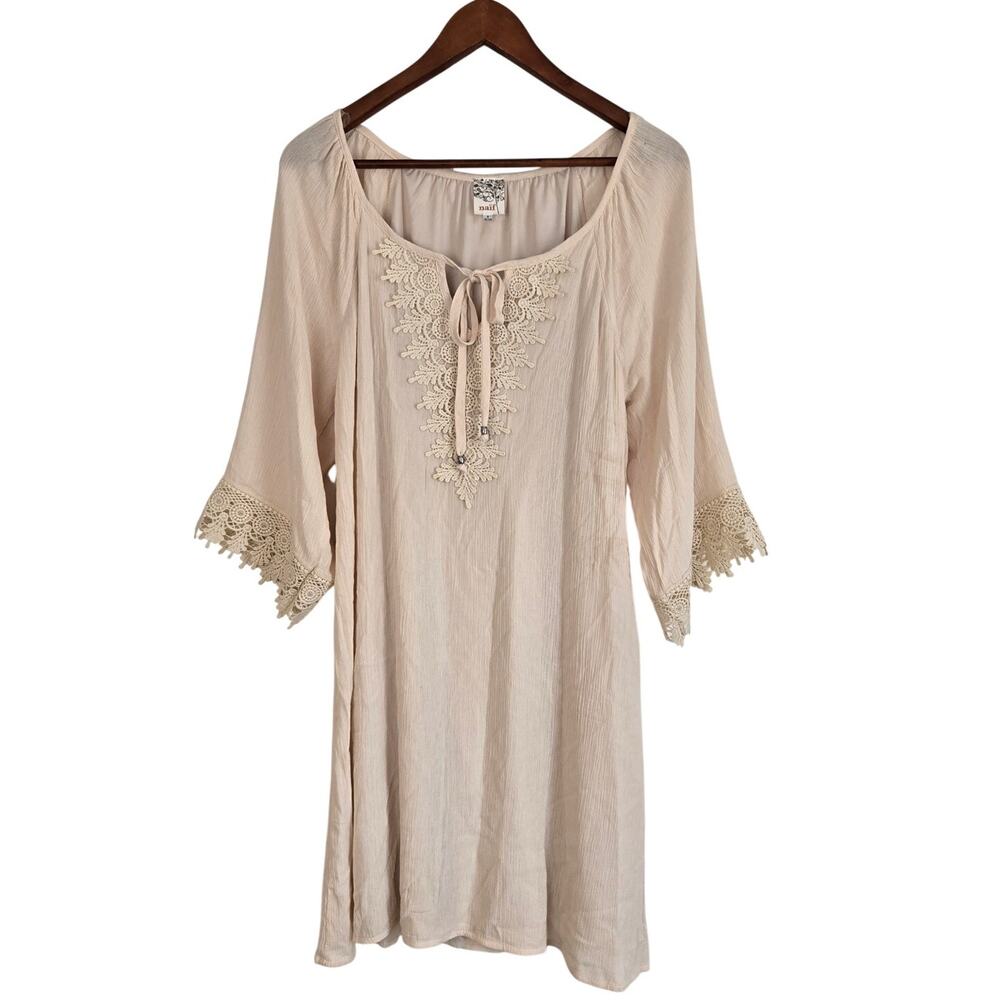 Romantic Boho Cottagecore Cream Lace Crochet Trim Peasant Tunic Dress Size Small